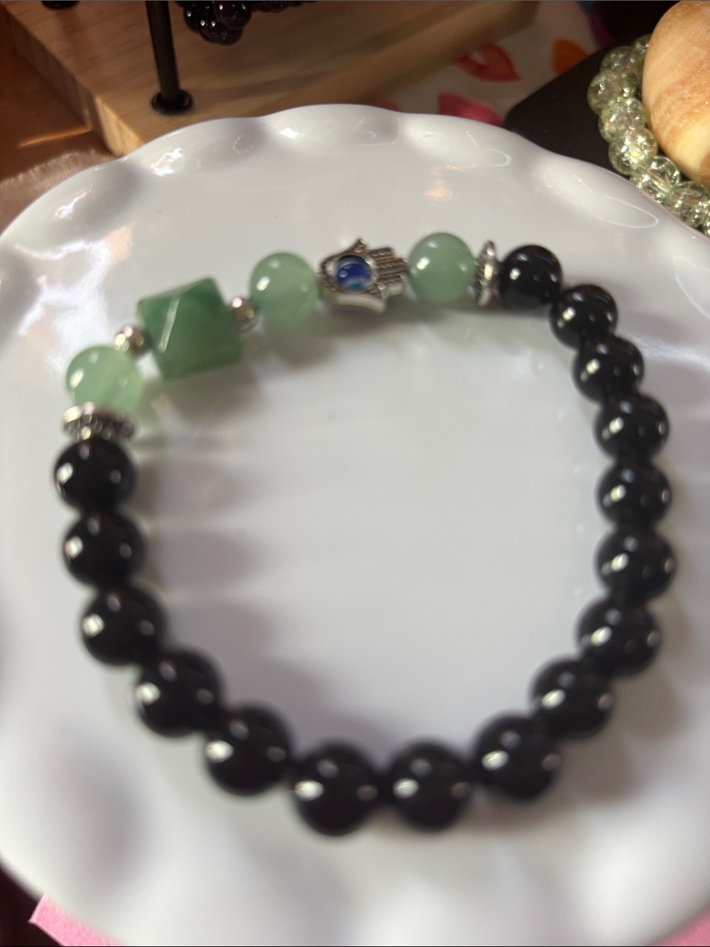 Black Obsidian and Green Beaded Stretch Bracelet with Silver Hamsa Accent